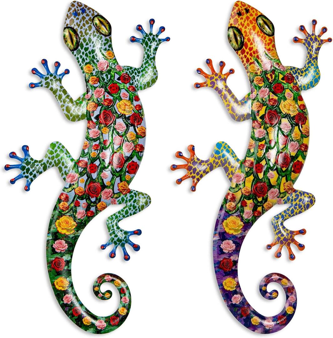 Pipilily 2 Pack Metal Gecko Wall Art, Metal Lizard Indoor Outdoor Hanging Sculpture Decor for Garden Yard Living Room Bedroom Patio Balcony (Style 2)