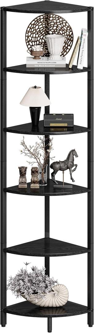6 Tier Corner Shelf 63.1" Tall Corner Shelves stand Ladder shelf metal Standing Bookshelf Organizer Display Rack Bookcase Plant Stand Industrial for Living Room Bedroom Black Wood grain CS-001B3