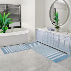 Bathroom Rugs Set 2 Piece, Extra Soft and Absorbent Fluffy Striped Chenille Bath Mat Rug Set, Non Slip Bathroom Floor Mat, Machine Washable (21" x 59" Plus 20" x 32", Light Blue)