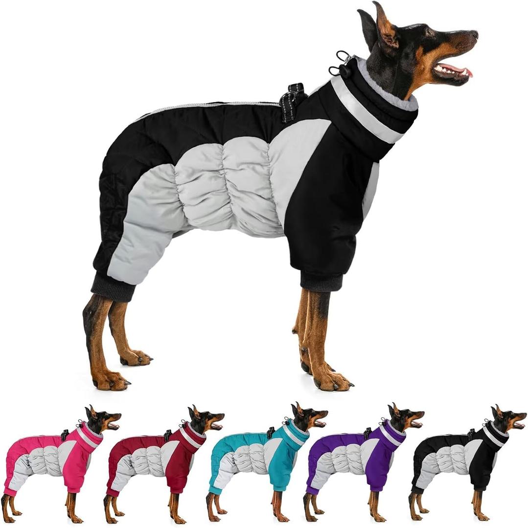 MIGOHI Full Body Dog Coat - Warm Reflective Winter Coat for Medium Dogs with Harness, Turtleneck Dog Fleece Jacket, Four-Leg Windproof Puffer Jackets Snowsuit with Zipper for Small Medium Large Dogs, (Large(Back:16.9"))