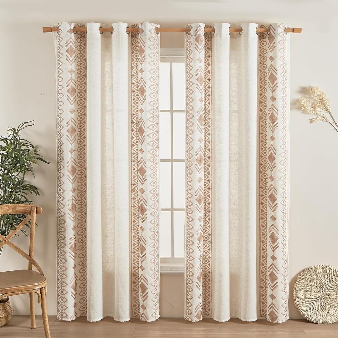 Boho Curtains 63 Inches Long 2 Panels Set for Living Room Cream Linen Embroidered Curtains Bohemian Window Curtains for Rustic Farmhouse Decor Grommet Window Treatment 55x63 Inch, Taupe On Ivory (Beige)