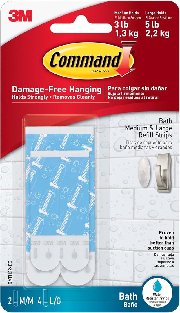 Command Bath Replacement Strips, 2-Medium and 4-Large Water-Resistant Adhesive Strips, Re-Hang Bath Hooks or Caddies