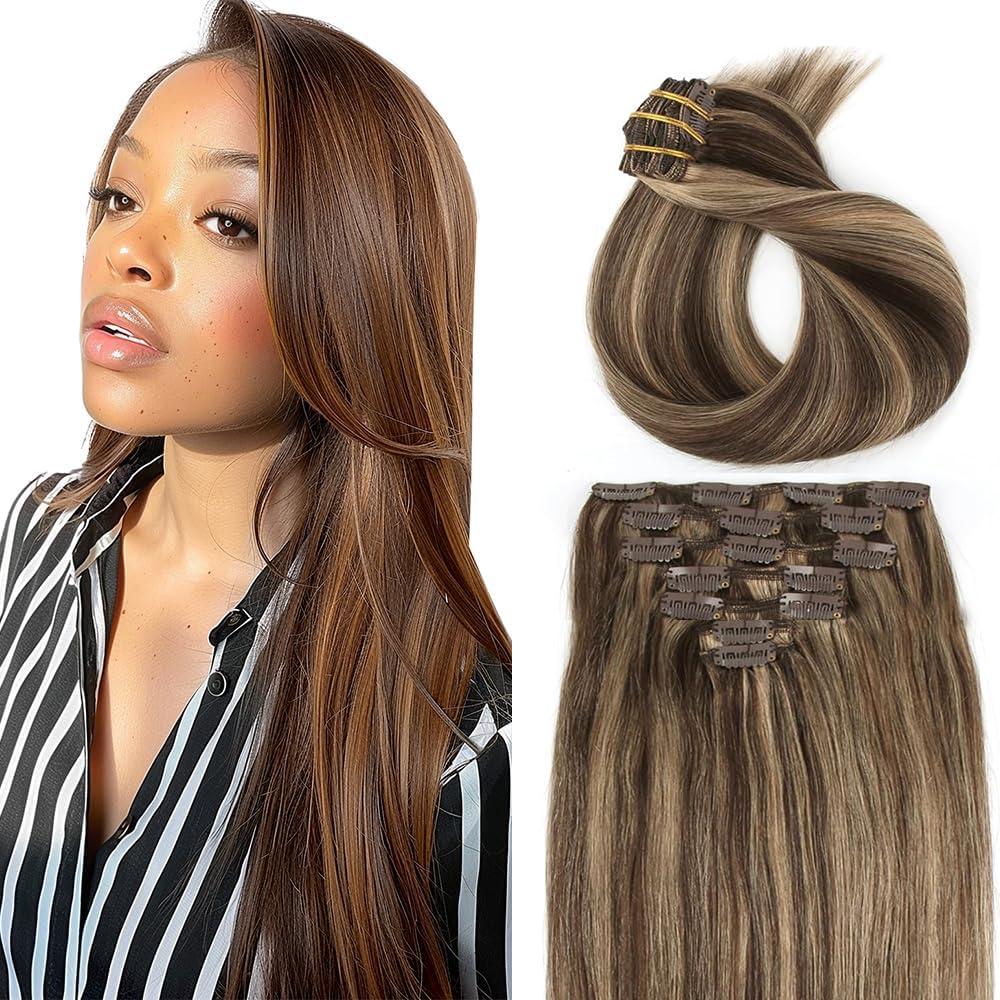 26 Inch P427 Blonde Clip in Hair Extensions,Soft Real Human Hair 120g 7pcs,Brazilian Remy Highlight Clip ins for Women,Brown Clip ins Silky Straight Hair Extensions