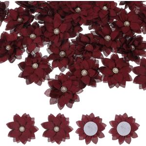 PATIKIL Fabric Flowers, 30 Pcs 2" Rhinestone Pearls Sewing Fabric Flowers for DIY Crafts Appliques Wedding Birthday Party Decoration, Maroon