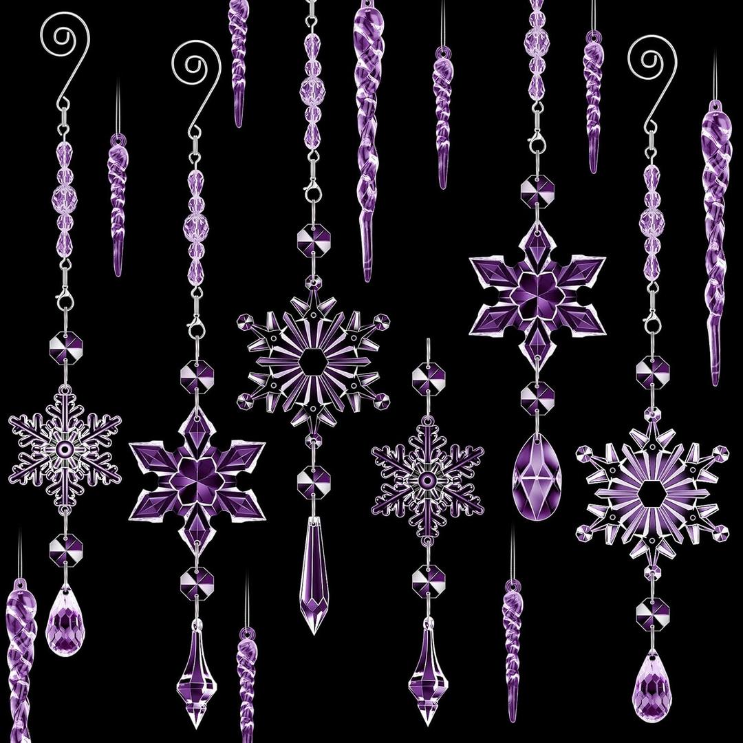 Giegxin 32 Pcs Crystal Christmas Ornaments Crystal Hanging Snowflakes Acrylic Xmas Tree Icicle Drop Decorations with Hooks for Christmas Snow Party Winter(Purple)