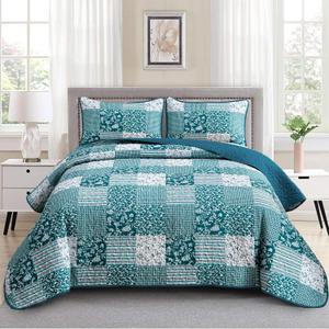 Mybedsoul Teal Blue Quilt Set King Size 3 Pieces Boho Plaid Turquoise Floral Bedspread Set Microfiber Lightweight Bohemian Bedding Bedspread Coverlet Set for All Season 90"x104"