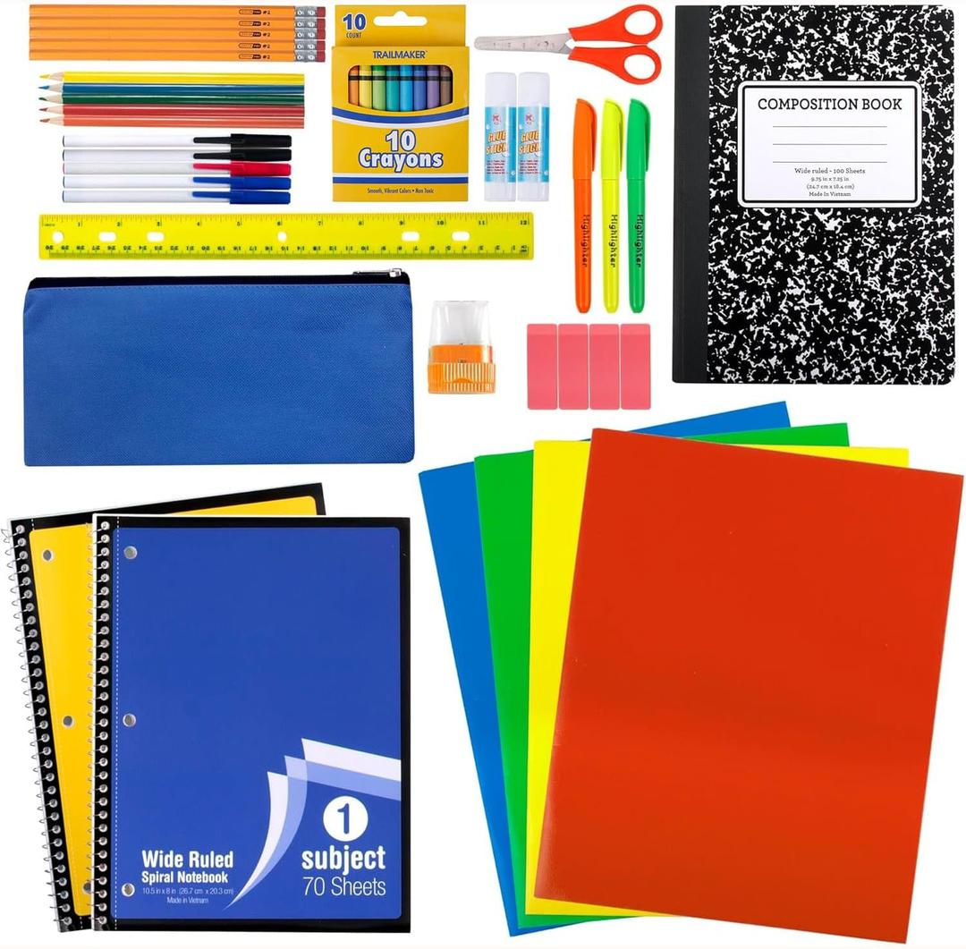 Trail maker School Supplies Kit 45 Piece School Supply Kit Grades K-12 Back to School Essentials Includes Folders Notebooks Pencils Pens and Much More!