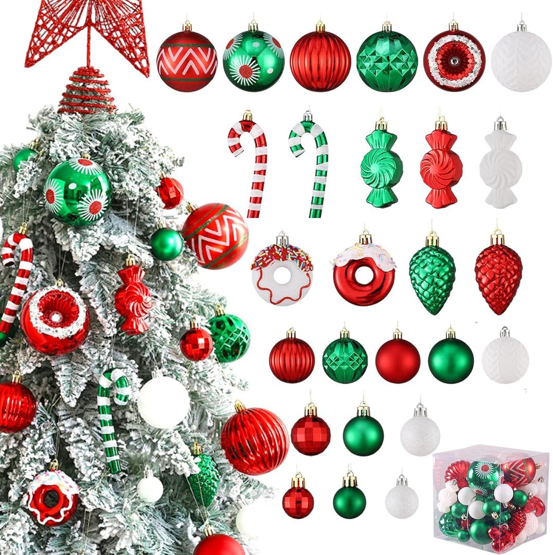 Christmas Tree Ornaments, 56PCS Red White Green Christmas Ornaments Shatterproof Multi Colored Plastic Hanging Balls for Xmas Decoration Holiday Party