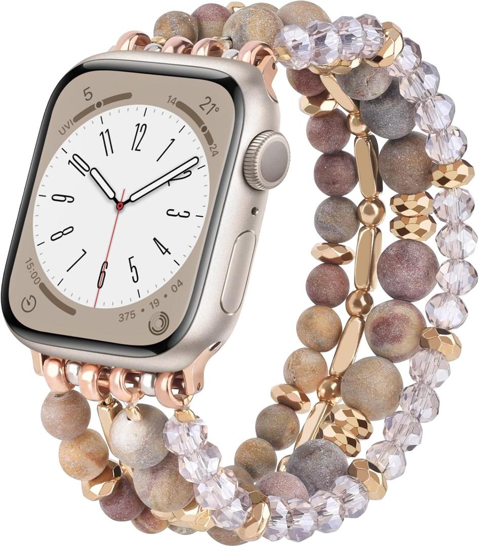 VISOOM Beaded Boho Bracelet Compatible for Apple Watch Band 42mm/44mm/45mm Series 9 8 7 SE Series 6/5/4 Women Fashion Cute Handmade Crystal Beads Stretchy Watch Strap for iWatch Bands Series 3/2/1 (Picasso Jasper)