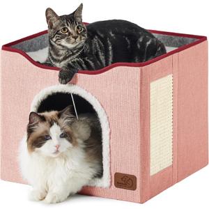Bedsure Cat Beds for Indoor Cats - Large Cat Cave for Pet Cat House with Fluffy Ball Hanging and Scratch Pad, Foldable Cat Hideaway,16.5x16.5x13 inches, Pink (Single)