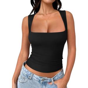 REORIA Butsmooth Women's Square Neck Going Out Crop Tops Double Lined Cute Basic Tank Tops 2025 Clothes (Black) S