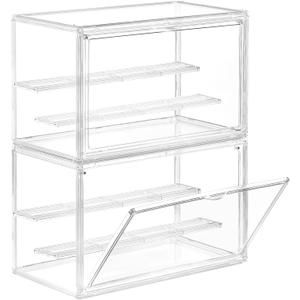 Freebat Clear Acrylic Display Case for Collectibles - 3-Tier Adjustable Figure Display with Magnetic Door & Removable Shelves,Stackable Dispaly box for Figures - 2 Pack