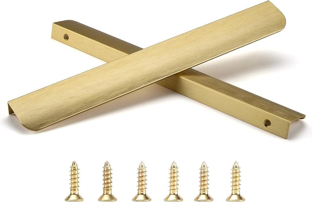 Satanga Brushed Brass Edge Finger Tab Pull for Cabinets Kitchen Concealed Aluminum Bathroom Closet Handles Bar Drawer pulls 10Pack 11.81inch 300mm Overall Length Easy to Install (10"Hole Center 11.8" Overall Length, Brushed Gold)