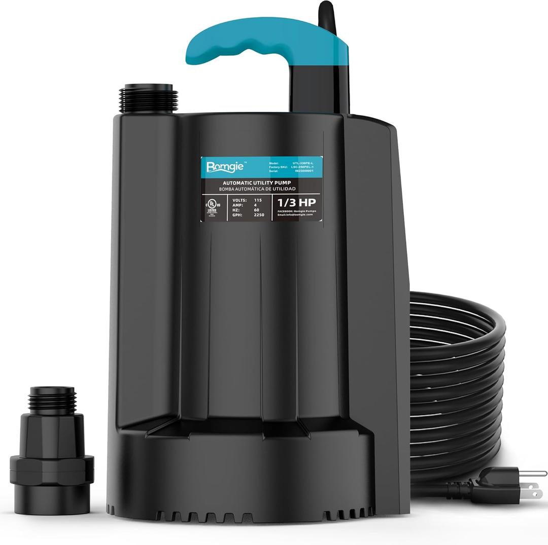 1/3 HP Automatic Submersible Water Pump, 2250GPH Sump Pump Portable Electric Utility Pump Removal for Pool Draining Basement Hot Tubs Garden Pool Cover Pond with 20ft Power Cord