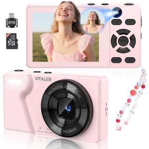 Digital Camera with Front Rear Lens, Autofocus 64MP 4K Camera for Photography with 32GB Card, Portable Compact Point and Shoot Camera for Teens Adult Beginner with Metal Shell, 2000mAh Battery (Pink)