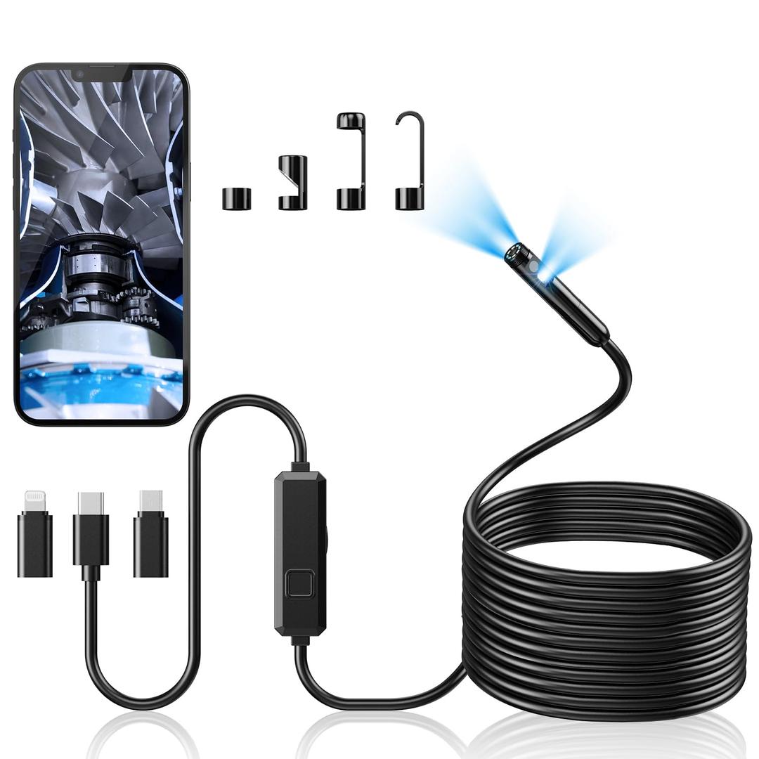 Endoscope Camera with Light, Dual-Lens 1920P HD Borescope with 8 Adjustable LED Lights, IP67 Waterproof Boroscope Inspection Tools, 33ft Semi-Rigid Snake Camera for iOS & Android