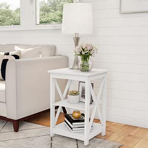 Wooden End Table - Modern Style Sofa Side Table with X-Leg Design and Two Shelves - Small Furniture for Living Room or Bedroom by Lavish Home (White)
