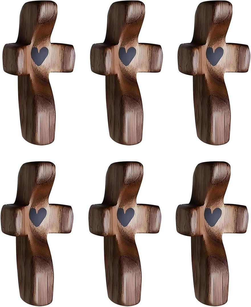 3 x Abvsdu 6Pcs Cross My Heart Encouragement Gift Wooden Cross Fingertip Stress Relief Gifts Fingertip Stress Relief Gifts Pocket Small Cross in Bulk with Bag Walnut Wooden Cross