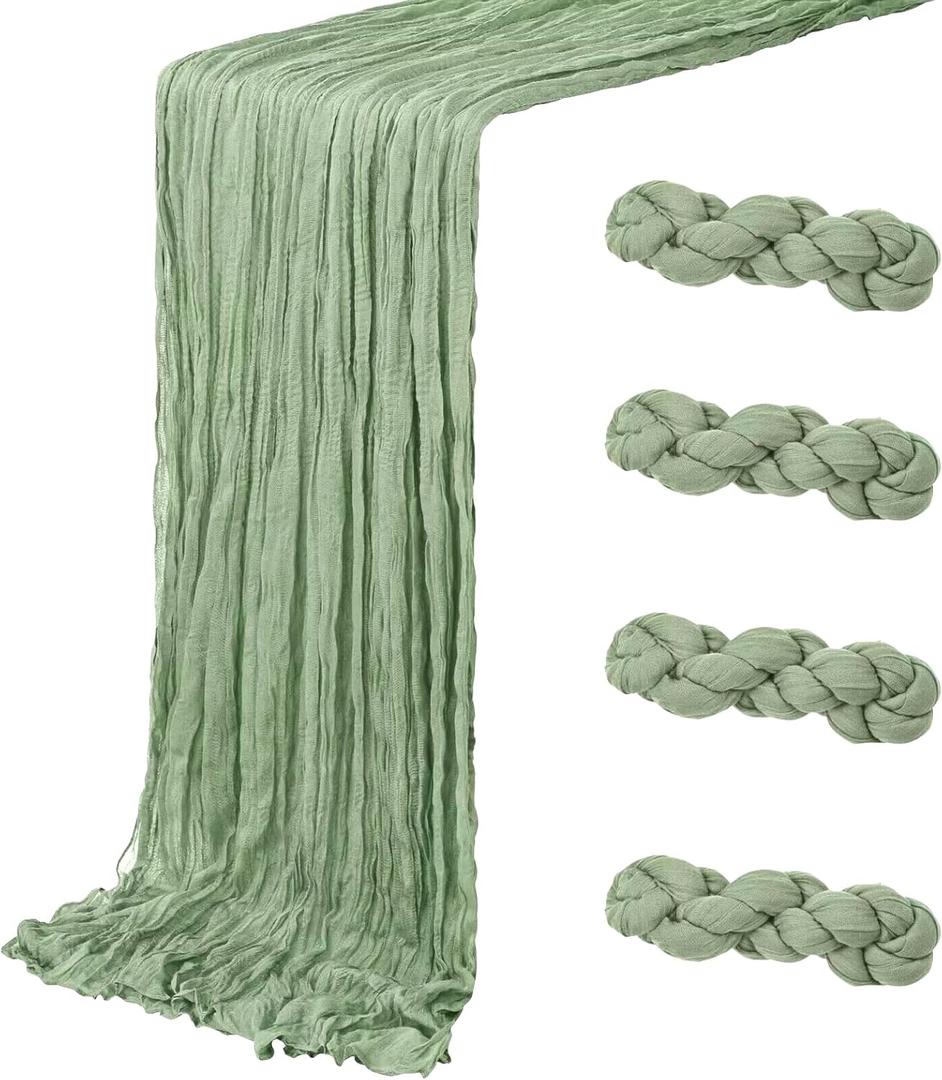 4 Pack Sage Green Cheesecloth Table Runner 20 x 120 inch Gauze Table Runners 10 FT Long, Semi Sheer Boho Cheese Cloth Fabric Table Runner Bulk for Wedding, Party, Baby Shower, Bridal Shower Decoration