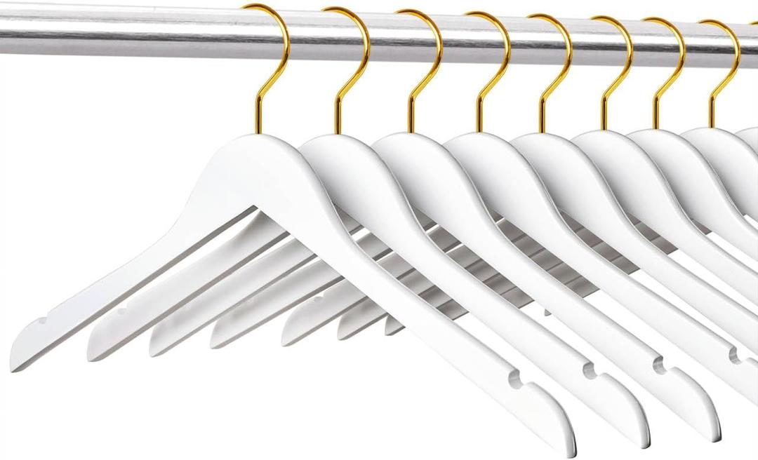Amber Home 24 Pack White Wooden Hangers with Gold Hooks, White Wood Shirt Hangers with Notches for Dress, Coat, Bridal (White+Gold)