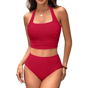 BMJL Womens High Waisted Bikini Sets Halter Two Piece Swimsuits Sporty Ribbed Tummy Control Bathing Suit (Red, XL)