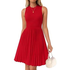 ZESICA Women's Summer Sleeveless Mini Dress 2026 Crewneck A Line Knit Pleated Swing Business Casual Work Party Short Dresses, L