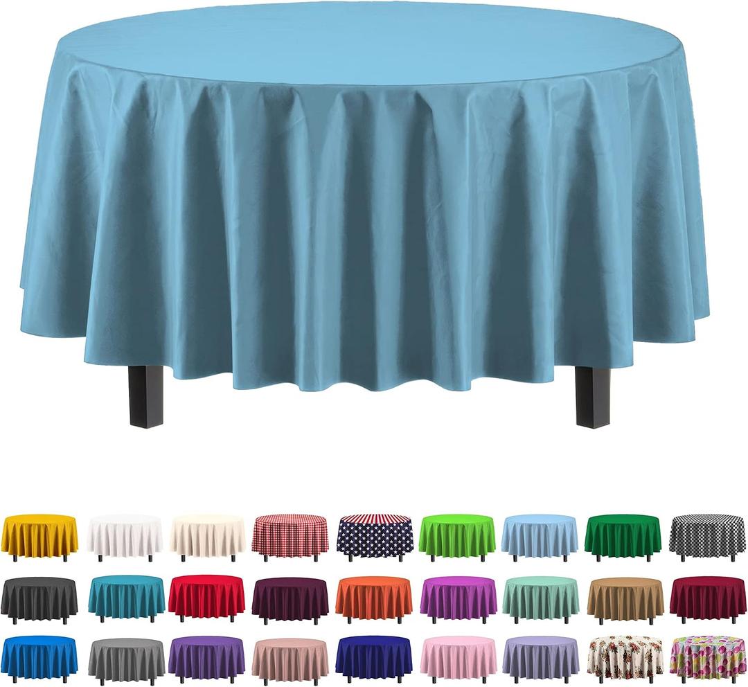 Exquisite Sky Blue Round Plastic Table Cloth Disposable 6 Pack - 84 Inch Round Tablecloth for Tables up to 6 Foot - Waterproof Table Cover for Party Wedding Birthday Graduation BBQ Catering