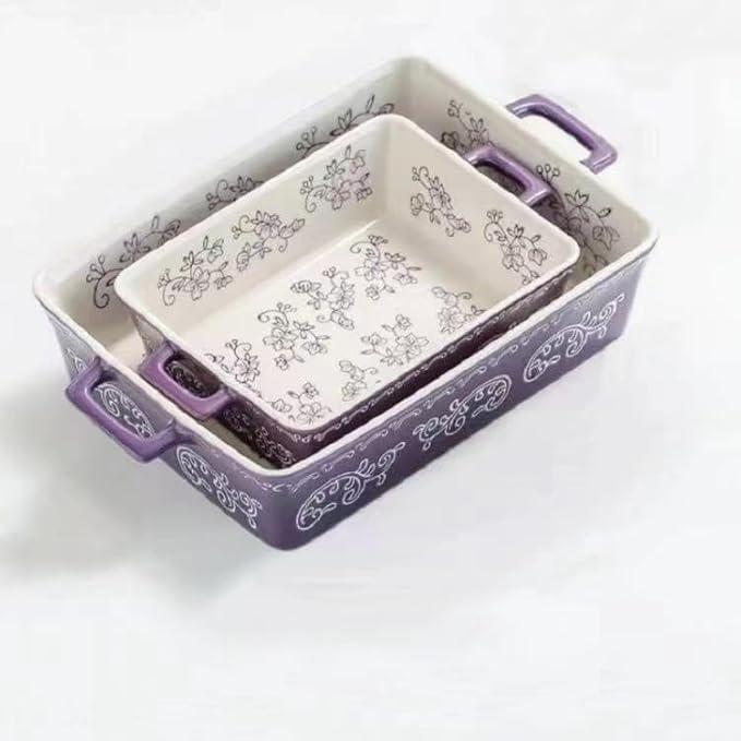 Domini Casserole Dishes for Oven, Ceramic Baking Dishes for Oven Set of 2, Lasagna Pan Deep, Baking Pan Set Square Casserole Dish Set with Handles for Baking, Pattern Purple(11.4+8.5inch)