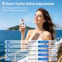 Clip-On Portable Fan with Ice Cooling, 5 Speeds Rechargeable Handheld Mini Fan with LED Display, 180 Portable Turbo Fan for Stroller, Eye Lash, Travel, Concert, Beach, Gifts for Women (White)