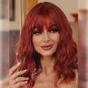 LOSMOEER Auburn Wig with Bangs Short Wavy Copper Red Wigs for Women Shoulder Length Curly Bob Wigs Heat Resistant Synthetic Wigs for Halloween Cosplay Daily Party Use (14 Inch)