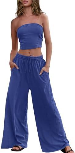 Panadila Womens Summer Lounge Sets 2 Piece Outfits Tube Top and Wide Leg Pants Matching Set Beach Vacation Clothes, Medium