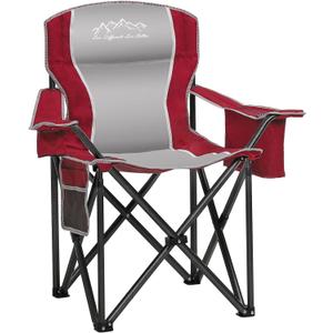Folding Camping Chair Portable Outdoor Heavy Duty Padded Chairs Lawn Chair with Cup Holder, Storage Pocket and Cooler Bag, Supports 450LBS Red
