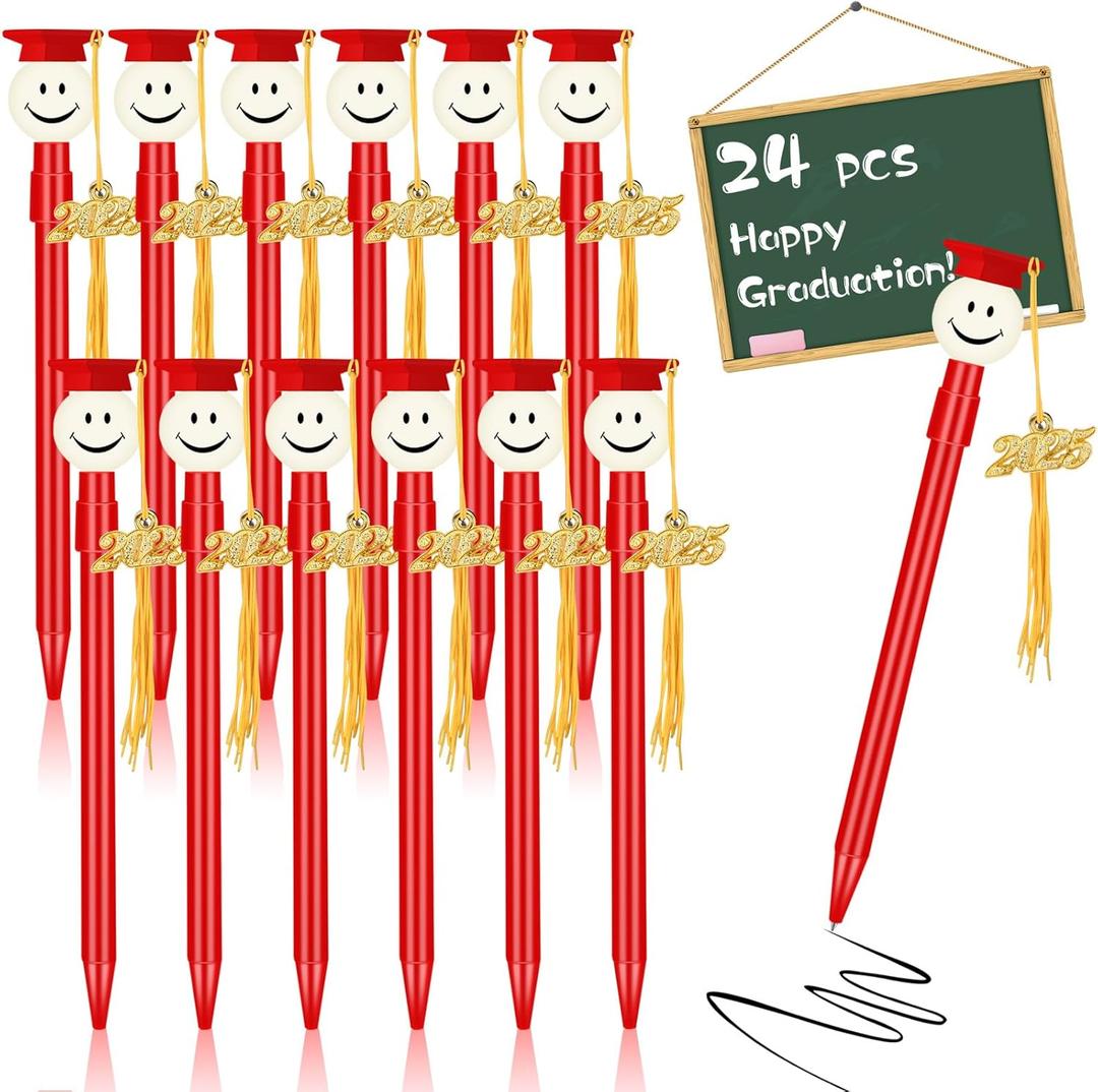 24 Pcs Graduation Cap Ballpoint Pen with Tassels, Happy Face Round Shaped Graduation Pens with Metal 2026 Tassel, Congrats Grad 0.7 mm Black Rollerball Pen for Graduation Party Favors (Red)
