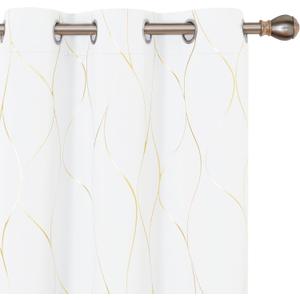 Deconovo Silver or Gold Wave Print Blackout Curtains - Thermal Insulated & NoiseReducing Grommet Drapes for Bedroom & Living RoomGreyish White/Line42W x 63L2 Panels