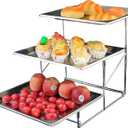 High-Capacity 3 Tiered Serving Trays Platters with Cover Stainless Steel Dessert Cupcake Table Display Stands Food Snake Fruit Catering Supplies Buffet Display Set (A1, 2cm Depth Platter)