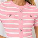 ZESICA Women's 2026 Casual Striped Midi Dress Crewneck Short Sleeve Button Ribbed Knit Swing Pleated A Line Dresses (Pink, S)