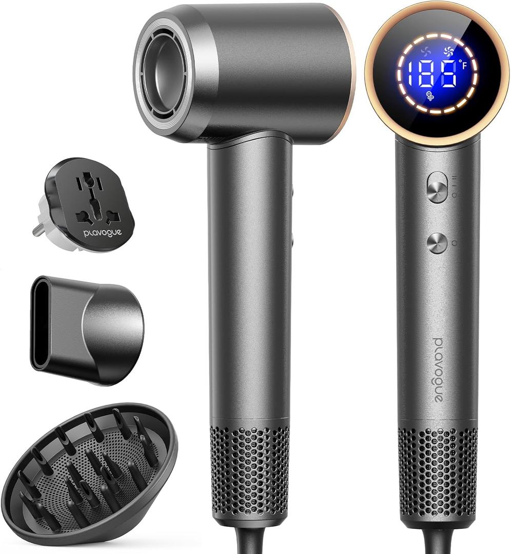 Dual Voltage Travel Hair Dryer with Diffuser, High-Speed Ionic Blow Dryer for Women, Fast Drying, Low Noise, Lightweight, No Heat Damage, European Travel 110V-120V/220V-240V (Grey)