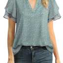 Lotusmile Womens Dressy Chiffon Blouses Summer Puff Petal Short Sleeve Shirts V Neck Casual Work Tops (Medium, Floral Blue)