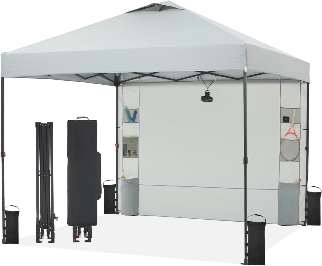 Tunbne 10'x10' Pop Up Canopy Tent with 1 Sidewall and 6 Pockets, One Push Setup, Instant Shade Tent with Vented Roof for Beach Patio Outdoor, Case, 8 Stakes, 4 Ropes, 4 Sandbags (Light Gray, 10x10)