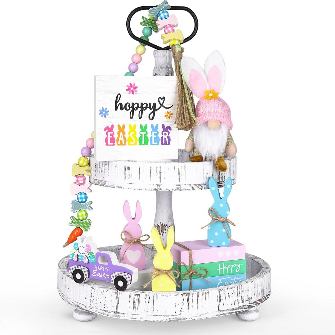 8PCS Easter Tiered Tray Decor, Spring Home Decor Set for Table,Wood with Bunny, Gnome, Truck, Happy Easter Sign & Accessories, Farmhouse Fireplace Mantle Decor, Home Kitchen Decorations Easter Gift Idea (Pink, White, Pastel Multi-color, Gray, Green, Blue, Yellow)