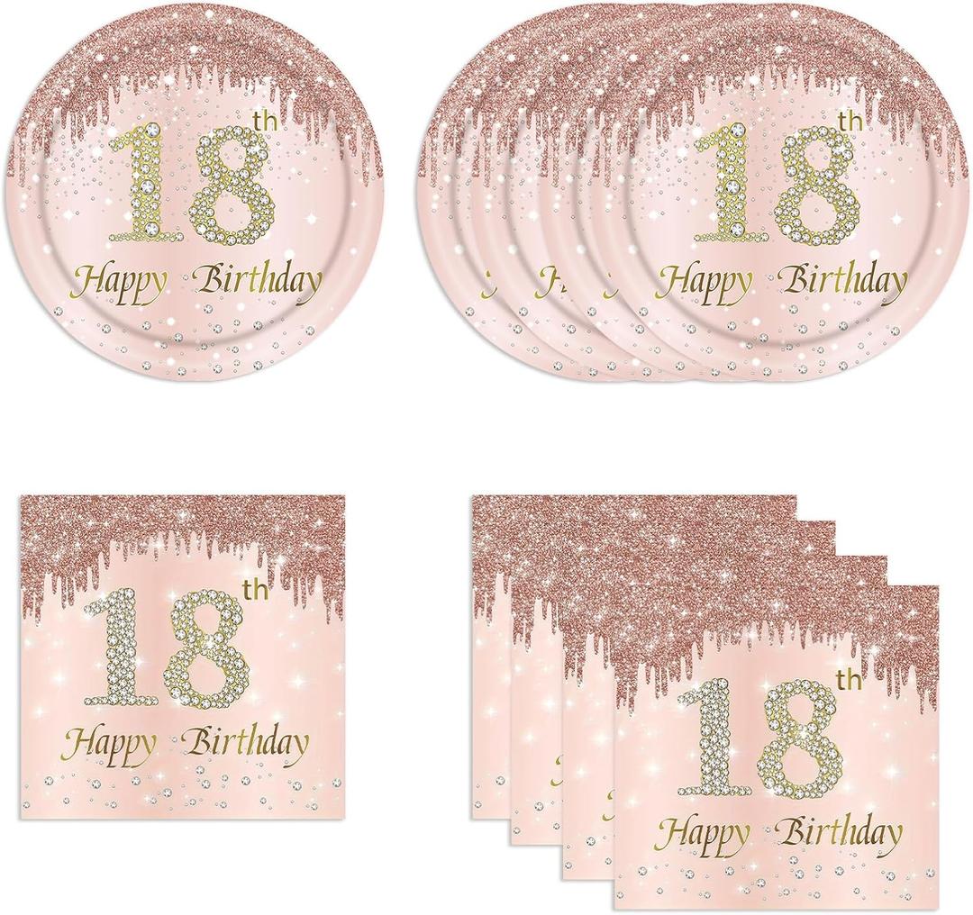 HiEnjoin 18th Rose Gold Birthday Plates and Napkins, 9 Inch Pink Rose Gold Disposable Dinner Dessert Plates Happy 18th Birthday Party Supplies Decorations for Girls Women