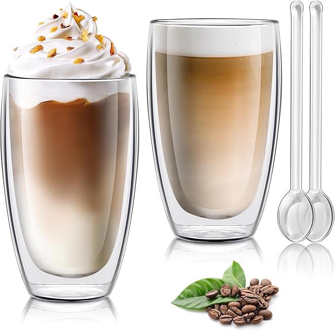Joeyan 13.5oz Large Double Wall Glass Coffee Mugs with Spoon Set of 2- Insulated Thermal Latte Glasses for Hot or Cold Drinks- Clear Glass Coffee Cup for Espresso Ice Tea Cappuccino Macchiato Juice