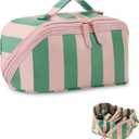 DYSHAYEN Stripe Travel Makeup Bag with Compartments Clear Coated Cosmetic Bag for Women, Waterproof Portable Open Flat Toiletry bag Pink-Green