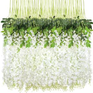 CEWOR 60 Pack Wisteria Hanging Flowers 3.7 Feet Artificial Flowers Fake Wisteria Vine Hanging Garland Silk Flowers String for Wedding Party Home Greenery Wall Decor (White)