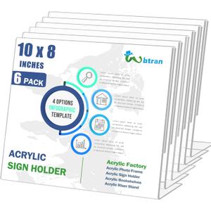 Slanted Back Acrylic Sign Holder 8 x 10 Horizontal, Acrylic Stands for Display 10 x 8, Clear Tabletop Plastic Paper Sign Holder for Office, Home, Restaurant (6 Pack 10x8 Inches)