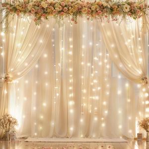 10ft x 10ft Champagne Chiffon Backdrop Curtain with Lights String for Parites Wedding Wrinkle Free Curtain Photo Backdrops Drapes for Baby Shower Birthday Party Home Decorations