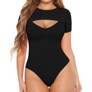 MANGOPOP Womens Short Sleeve Bodysuit V Shape Cutout Front T Shirt Body Suits S