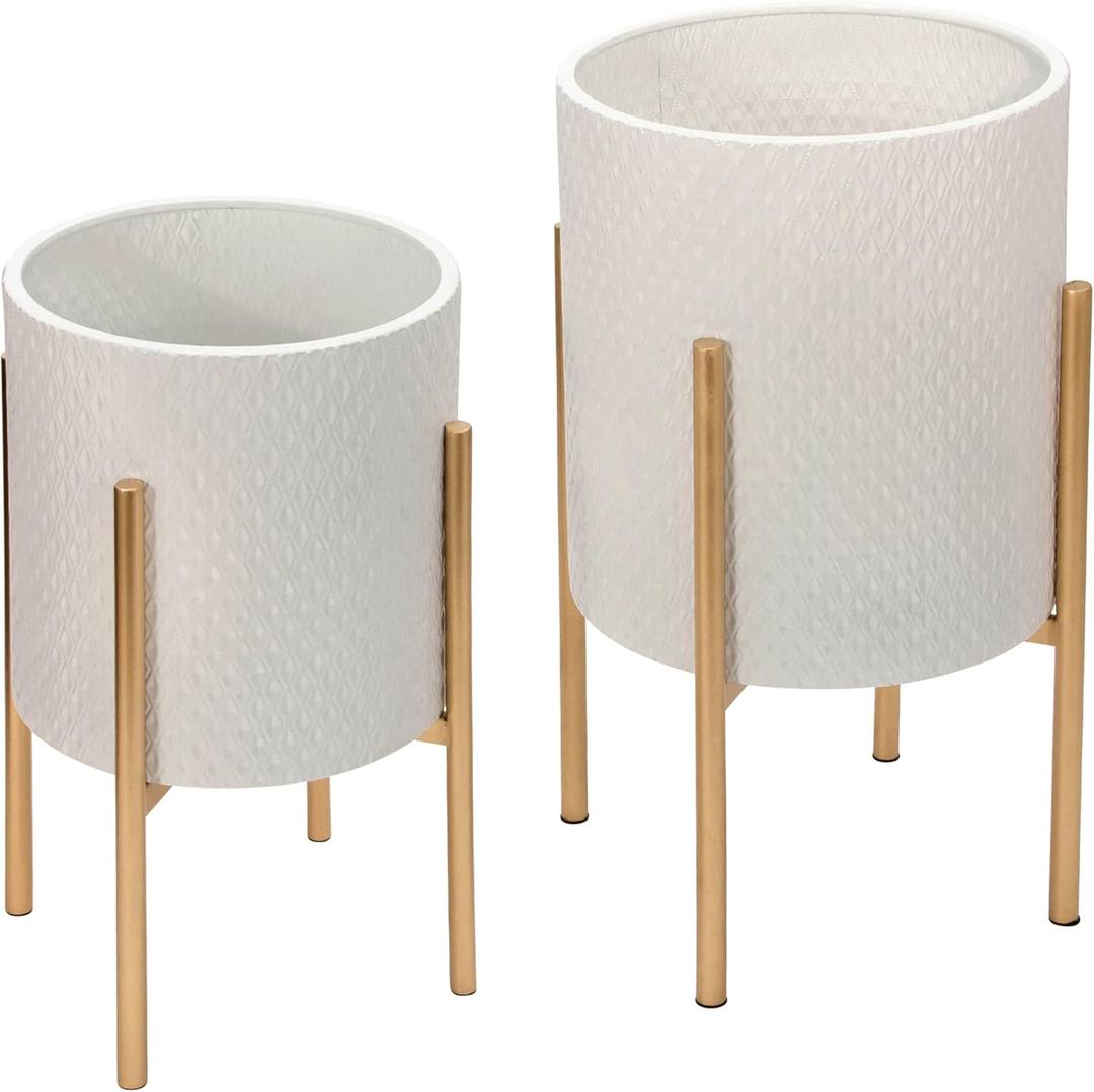 Sagebrook Home Set of 2 Metal Planters with Stands - Modern Decorative Iron Plant Holders for Home & Garden - Embossed Textured Finish - Sturdy Legs - 23", 19" White (14.0" H)