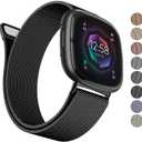 AK Metal Band Compatible with Fitbit Sense 2 / Sense & Versa 4 / Versa 3 Bands - Women & Men, Stainless Steel Mesh Loop Magnetic Replacement Bracelet Strap, Large, Black 