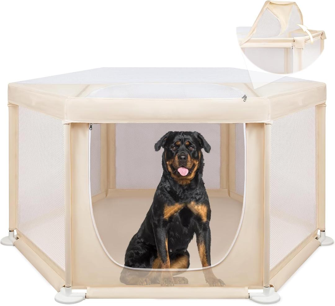 69.3"x69.3"x34.6" Extra Large Dog Playpen Indoor, Tall Puppy Playpen with Removable Roof, Sturdy Fabric Dog Pen for Medium to Large Pets, Spacious Hexagonal Pet Playpen Indoor for Comfort & Security